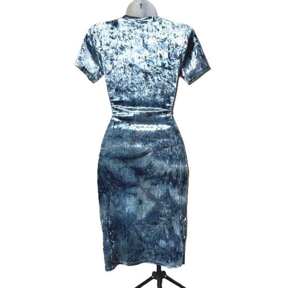 Blue Velvet Short Sleeve Mini Bodycon Dress Front Tie Cutout Stretchy Size Small - Picture 5 of 5